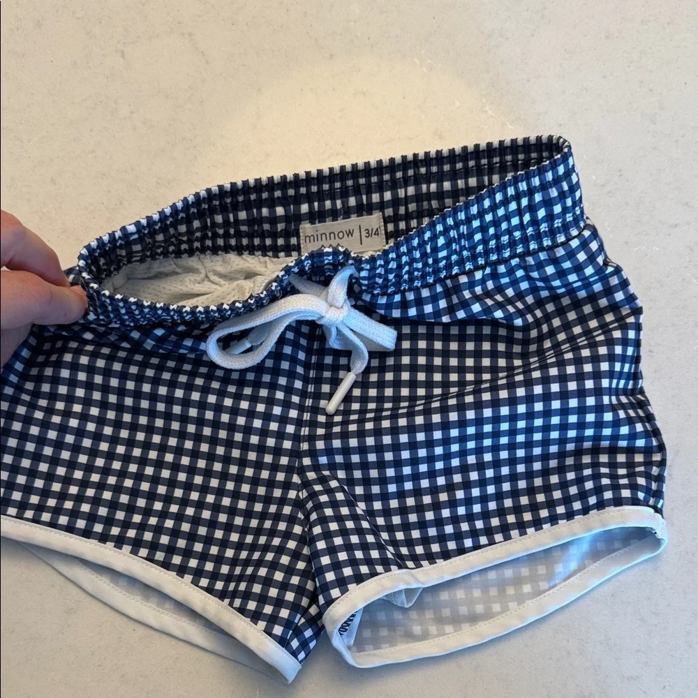 Kids Navy Gingham Swim Trunks with White Drawstring